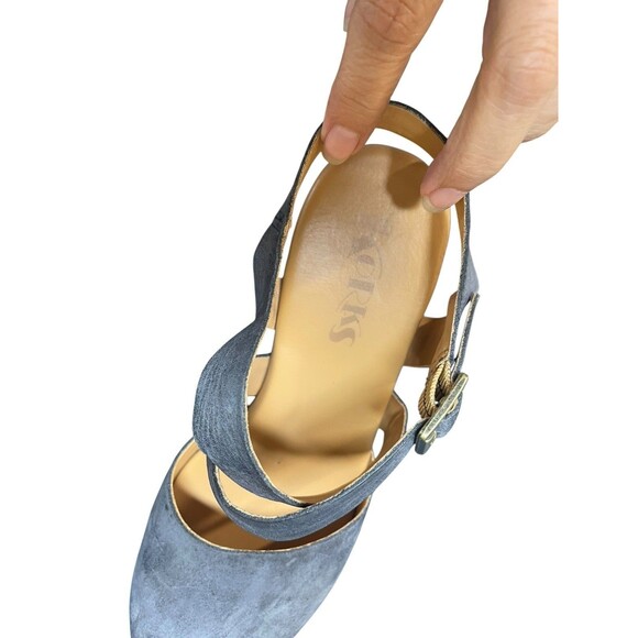 Korks Wendy Cross Strap Studded Platform Heeled Clogs Tan Denim Blue Size 7M - Picture 7 of 13